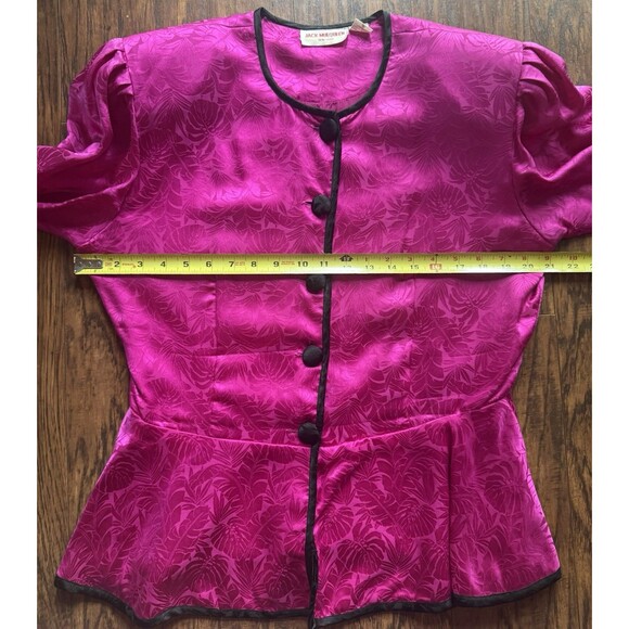 VTG Jack Mulqueen Silk Blouse Peplum Pink Print Black Button Up Womens Size 14 - Picture 11 of 12